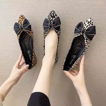 Туфли с леопардовым принтом, новые весенние женские туфли с острым бантом на мягкой подошве, красные удобные универсальные туфли на плоской подошве 40