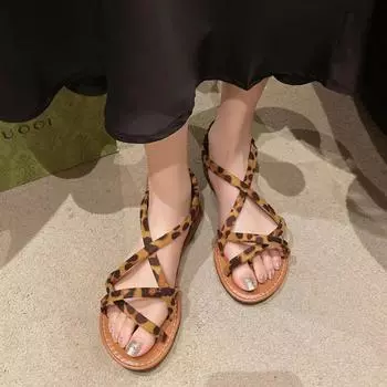 Туфли с леопардовым принтом, сандалии, большой размер, 2024 г., женские летние туфли на удобном каблуке на плоской подошве, на низкой большой высоте, новая модная женская обувь 35