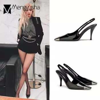 Туфли с металлическим носком Rose Pointed, женские босоножки с узким ремешком, лакированные кожаные туфли-лодочки, туфли-стилеты на танкетке, высокие каблуки, клубная вечеринка 4.5