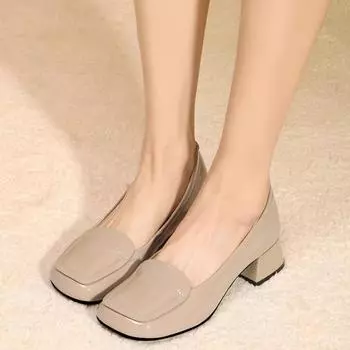 Туфли с одной педалью Женские одинарные туфли Квадратные туфли из кожи Женские туфли на толстом каблуке Универсальные легкие туфли 40 бордовый