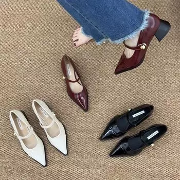 Туфли с острым носком, блочные каблуки, низкие каблуки, французский темперамент, туфли Мэри Джейн, женская обувь 35 красный