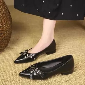 Туфли с острым носком, черные туфли на плоской подошве, на низком каблуке, женская обувь 2024 года, модные повседневные кроссовки на каблуках, платье медсестры 35 чёрный