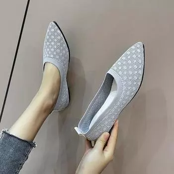 Туфли с острым носком из однотонной ткани для поездок на работу, женские туфли на плоской подошве с мягкой подошвой, дышащие трикотажные туфли, летние женские туфли на плоской подошве 2024 г. 35 белый