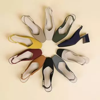 Туфли с открытой пяткой для женщин с квадратным носком, удобные трикотажные туфли для работы, прогулок, офиса, туфли-лодочки на толстом каблуке, женские нескользящие туфли на низком каблуке для свадьбы, нарядные туфли 34