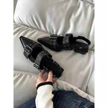 Туфли с открытой пяткой, женские туфли-лодочки в готическом стиле на массивном каблуке с заклепками, винтажные повседневные сандалии в стиле панк на среднем каблуке, весна-лето 2024 34 бежевый