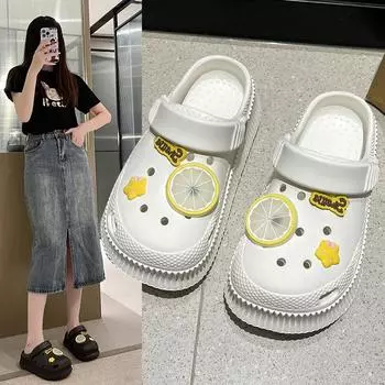 Туфли с отверстиями женские новые летние сандалии с толстой подошвой, увеличивающие рост, сандалии с мешком на голову, большие размеры, симпатичные тапочки с мягкой подошвой 36 чёрный