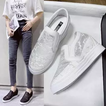 Туфли с сетчатыми вставками белого цвета для женщин, повседневные туфли на высоком каблуке для ленивых, одинарные туфли на толстой подошве 35 чёрный