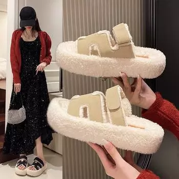 Туфли с толстой подошвой из меха для женщин, цветные ноские тапочки с меховым принтом на липучках, мокасины со штрипками 35 абрикосовый