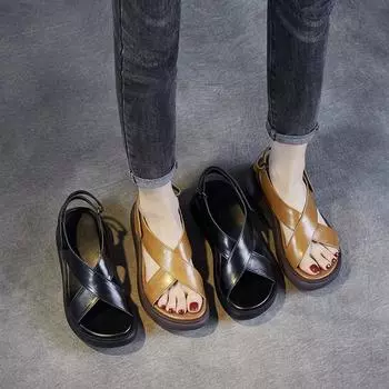 Туфли с толстой подошвой Muffin Bottom Сандалии из коровьей кожи Увеличивающие рост Туфли 35 светло-коричневого