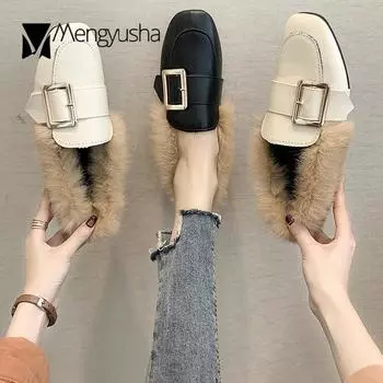 Туфли с жемчужной пряжкой на ремне, женские, слипоны из искусственной кожи, зимние, с квадратной пряжкой на ремешке, на плоской подошве, с квадратным носком, хлопковые мокасины, резиновая обувь 5