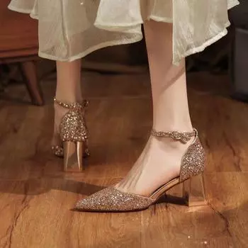 Туфли шампанского цвета на толстом каблуке с высоким каблуком, женские, новинка 2024 года, со стразами и пайетками, с полым ремешком и одним словом, сандалии-мешки на среднем каблуке 34 розового золота