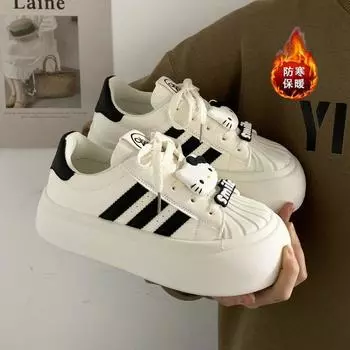 Туфли Shell head ugly cute big head bread shoes женские зимние 2024 новые универсальные теплые туфли на толстой подошве ins tide 35 чёрный