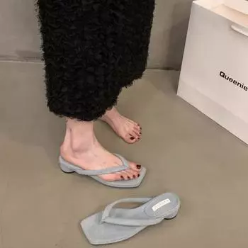 Туфли-шлепанцы на грубом каблуке серебристого цвета, женская обувь, новинка 2024 года, французские маленькие босоножки, босоножки с носками 35 чёрный