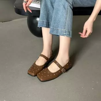 Туфли со стразами для женщин с круглым носком, женские ремни с пряжкой, плоские каблуки, искусственная кожа, Chassure Femme Shallow 35 бежевый