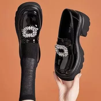 Туфли со стразами, классические женские туфли в стиле Лолиты с круглым носком, кожаные туфли-оксфорды на платформе в британском стиле, женские туфли в стиле ретро «Мэри Джейн» 4.5 чёрный