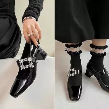 Туфли со стразами, модные и удобные женские весенние туфли Мэри Джейн, черные, на толстом высоком каблуке 35 чёрный