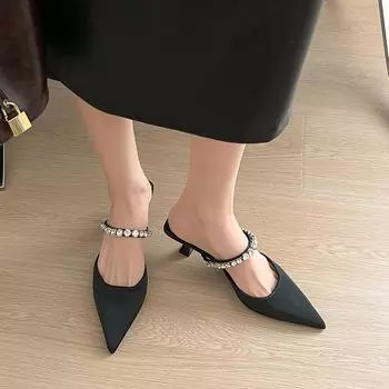 Туфли со стразами на высоком каблуке, женские, лето 2025, новая мода, универсальная, корейская версия, тонкий каблук, сексуальная сумка, крутые тапочки 35 чёрный