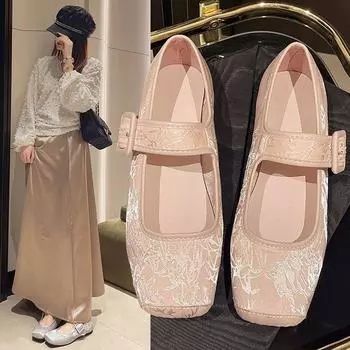 Туфли соевые женские весенние квадратные жаккардовые танцевальные туфли с коротким горлом A Word with Mary Jane на высоком каблуке с флагом 35 серебряный