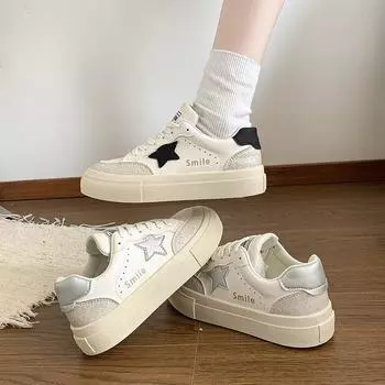 Туфли Star little white женские 2024 новые осенне-зимние корейские версии студенческих повседневных туфель, подходящие по цвету туфли с круглым носком и плоской подошвой 35 чёрный