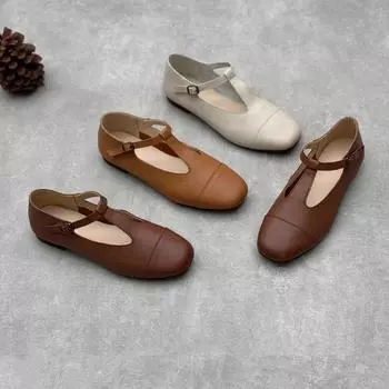 Туфли-стринги из натуральной кожи, туфли-лодочки Мэри Джейн ручной работы на плоской подошве из коровьей кожи 35 коричневый