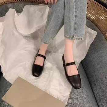 Туфли Su Yinyin с квадратной головкой, кожаной пряжкой и плоским дном, женские одинарные туфли Mary Jane, весна 35 чёрный