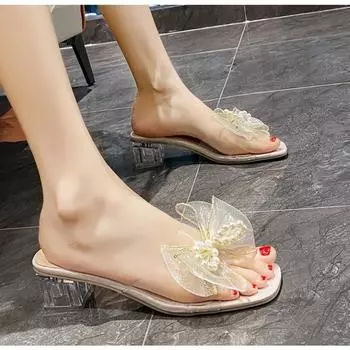 Туфли Тапочки Плоский квадратный каблук Роскошные шлепанцы Желейные шлепанцы Средние женские стринги Pantofle Low Block Дизайнерские блестящие гавайские 35