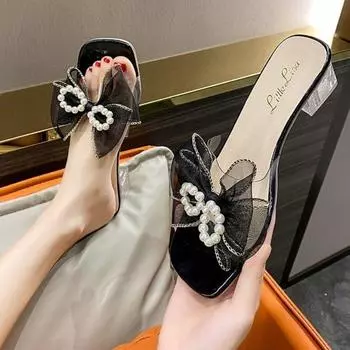 Туфли Тапочки Плоский квадратный каблук Роскошные шлепанцы Желейные шлепанцы Средние женские стринги Pantofle Low Block Дизайнерские блестящие гавайские 34 жёлтый