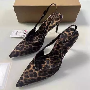 Туфли TRAF Woman Animal Patterns High Heels Chic Slingbacks Stilettos 2024 Shallow Mouth Leopard Party High Heels Shoes 36