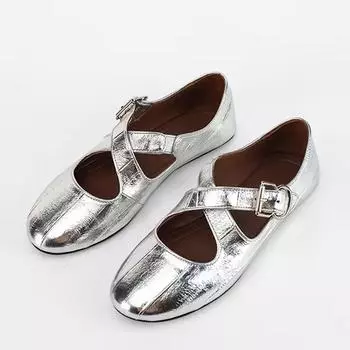 Туфли TRAF женские серебристые кожаные туфли в стиле бабушки в стиле ретро с перекрестными ремешками и небольшим носком на плоской подошве, повседневные удобные туфли на плоской подошве для женщин 36