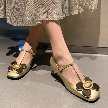 Туфли-туфли Little Daisy Flower для взрослых в стиле обряда посвящения «Мэри Джейн» с квадратным носком и Т-образной пряжкой золотистого цвета 35 золотой