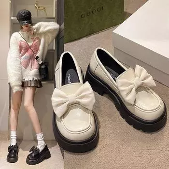 Туфли в британском стиле, модные и удобные женские весенние туфли-лоферы Мэри Джейн с толстой подошвой и бантом, одинарные туфли 35 чёрный