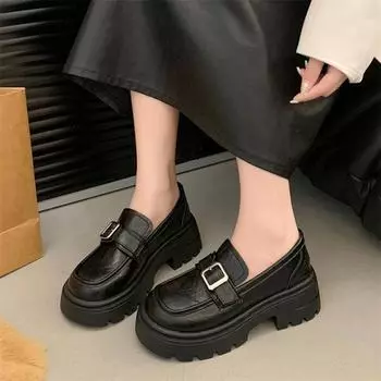 Туфли в британском стиле в стиле «лолита» для женщин, колледж, кожаные мокасины на платформе для девочек, японские оксфорды в стиле Jk, туфли на толстой подошве 4.5 чёрный