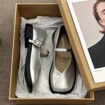 Туфли в британском стиле, женские туфли Мэри Джейн на плоской подошве, мокасины в студенческом стиле с толстой подошвой, модные и удобные 35 серебряный