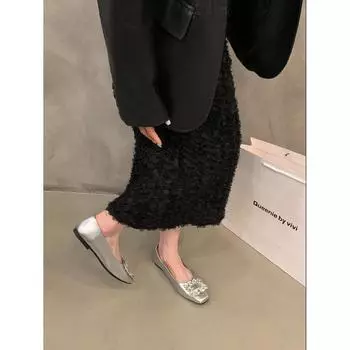 Туфли в стиле феи с юбкой на плоской подошве с квадратным носком, французский темперамент, стразы, серебряные туфли Мэри Джейн, женские, осень 2024, новые модели 35