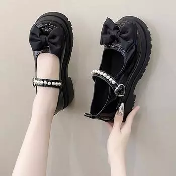 Туфли в стиле кавайной Лолиты с круглым носком, женские, повседневные, элегантные, однотонные, с бантом, нескользящие, в корейском стиле, на среднем каблуке, шикарное лето 35