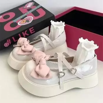 Туфли в стиле «лолита» Kawaii Bowknot White, женские туфли на плоской подошве с пряжкой в форме сердца, женские туфли Мэри Джейн в японском стиле из лакированной кожи Jk 35 бежевый