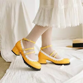 Туфли в стиле Лолита Мэри Джейн, женские туфли с бантом, оборками, круглым носком, толстые каблуки средней высоты, милые свадебные вечерние платья для косплея с ремешком на щиколотке 33 чёрный