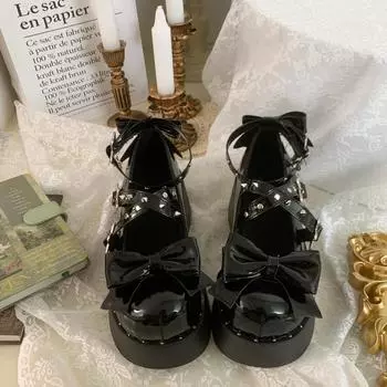 Туфли в стиле Лолита на платформе, женские туфли Мэри Джейн из лакированной кожи, женские туфли с металлическими украшениями, туфли на толстом каблуке, туфли-лодочки для вечеринки в стиле JK, туфли на танкетке 35