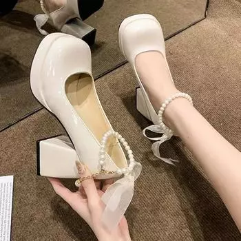 Туфли в стиле Лолиты, черные туфли на высоком каблуке в японском стиле для девочек, модные женские туфли Мэри Джейн с круглым носком из лакированной искусственной кожи, студенческие туфли для косплея 36 чёрный