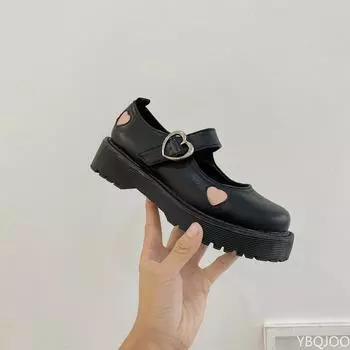 Туфли в стиле Лолиты с розовым сердцем в стиле пэчворк для женщин в британском стиле E Girl Mary Janes Autumn PU Buckle Platform Zapatillas Mujer 35 матовый черный