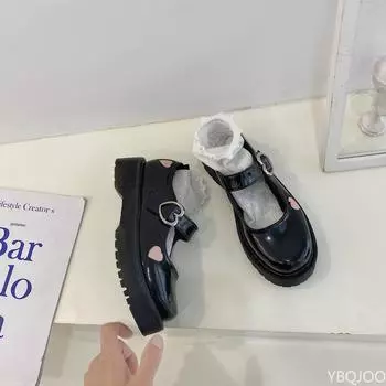 Туфли в стиле Лолиты с розовым сердцем в стиле пэчворк для женщин в британском стиле E Girl Mary Janes Autumn PU Buckle Platform Zapatillas Mujer 35 матовый черный