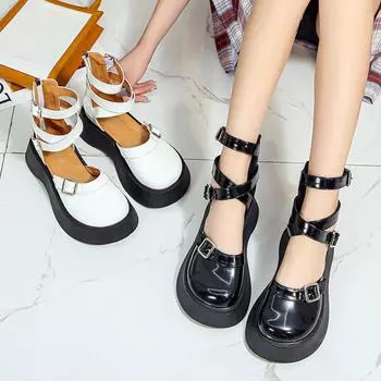 Туфли в стиле Лолиты, туфли на плоской платформе с перекрестной завязкой, женские кожаные повседневные туфли с пряжкой и ремешком на толстой подошве, белые туфли Мэри Джейн 9285c 40 белый