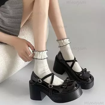 Туфли в стиле Лолиты, женские туфли Мэри Джейн в японском стиле, женские винтажные туфли на неглубоком высоком каблуке, туфли на массивной платформе, женские сандалии для косплея 35