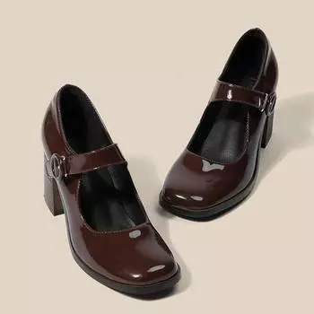 Туфли в стиле Лолиты, женские туфли Мэри Джейн, 7,5 см, винтажные туфли на высоком каблуке для девочек, туфли на платформе, студенческие туфли с квадратным носком и толстым каблуком 34 кофейный