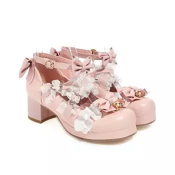 Туфли в стиле Лолиты, женские туфли на высоком каблуке, с подвеской, кружевными ремешками, бантом, милые туфли для девочек, принцессы, для чаепития, для студентов, милые, большие размеры 34-48 33 бежевый