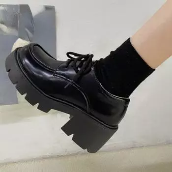 Туфли в униформе. Маленькие кожаные туфли. Женские туфли в британском стиле для девочек. Японские дикие черные туфли Мэри Джейн в стиле ретро. Туфли на платформе в стиле Лолиты на низком каблуке. 35 чёрный