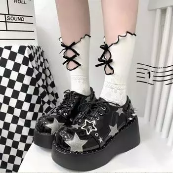 Туфли Y2k на высоком каблуке на танкетке, женская обувь с граффити и звездами на платформе, туфли на платформе в стиле панк, готической Лолиты, Мэри Джин 36 белый