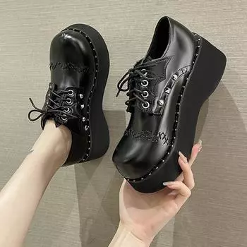 Туфли Y2K Rivet Punk Gothic Shoes для девочек, туфли Mary Janes на толстой платформе со шнуровкой, женские туфли в японском стиле на танкетке, туфли из искусственной кожи 35