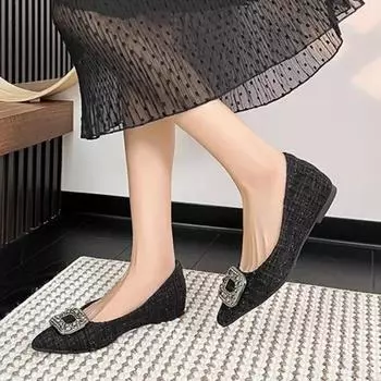 Туфли женские 2024 года, модные туфли-лодочки на высоком каблуке с острым носком, женские, с кристаллами и квадратными пуговицами, с внутренним увеличением, женские 35 чёрный