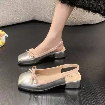 Туфли женские 2024 года, туфли-лодочки Мэри Джейн, женские туфли на среднем каблуке, летние офисные туфли-лодочки, женские босоножки Baotou с узлом-бабочкой и серебристым узором, женские 35 чёрный